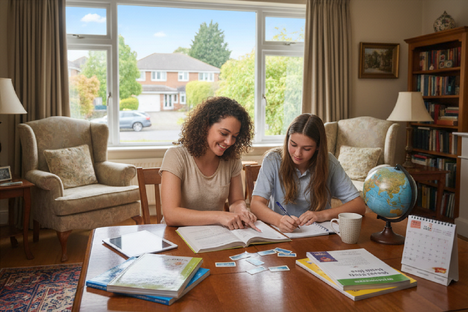 Une professeure et son élève étudient un livre d'anglais à table.